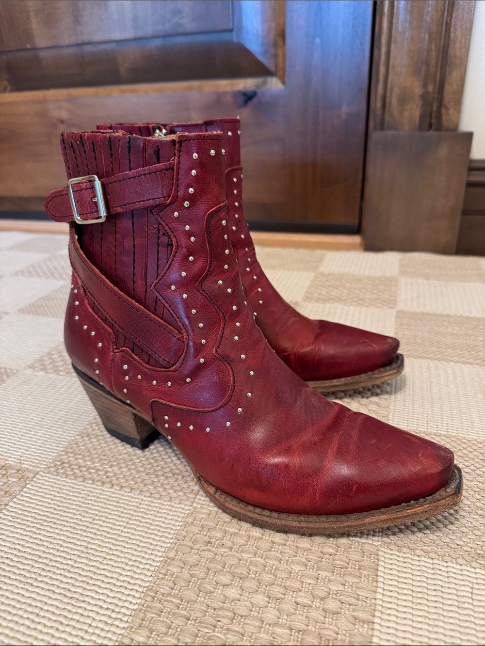 Freebird Morgan Red Leather Studded Western Ankle Boots